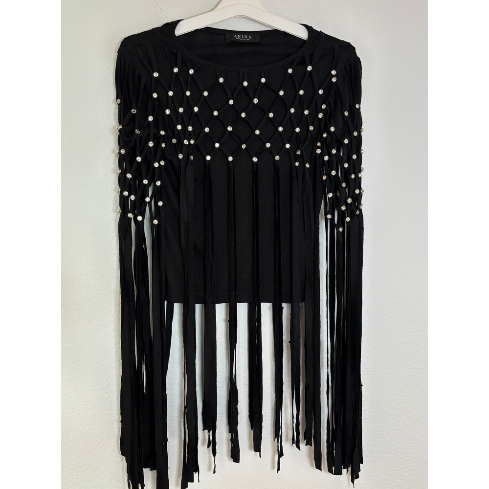 Akira Black Rhinestone Lattice Fringe Long Sleeve Top Small Festival Edgy